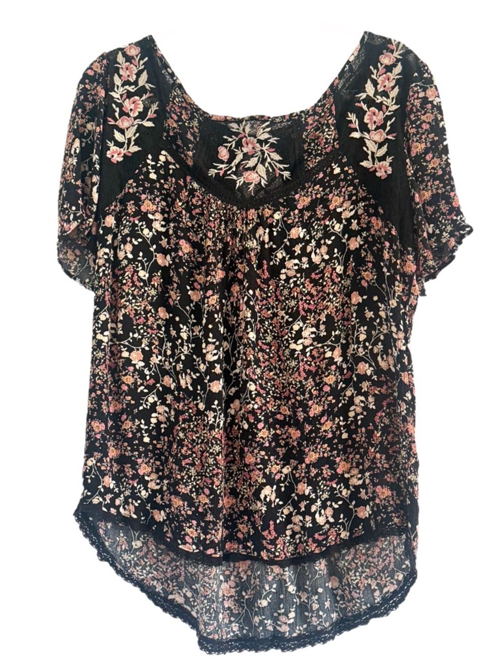 Mason & Belle Black Floral Lace-Trim Scoop Neck Blouse Medium